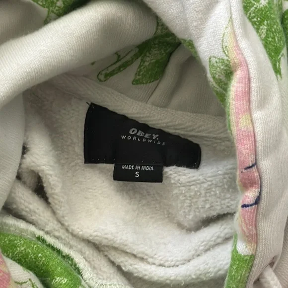Obey Cream Hoodie with Pink and Green Floral Design - Picture 3 of 3